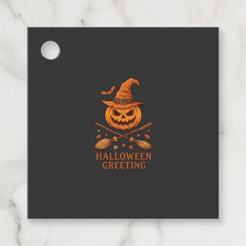 Halloween Greeting Pumpkin Witch Hat Crossed Broom Favor Tags