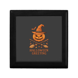 Halloween Greeting Pumpkin Witch Hat Crossed Broom Gift Box