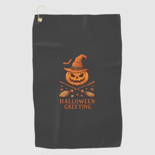 Halloween Greeting Pumpkin Witch Hat Crossed Broom Golf Towel