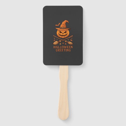 Halloween Greeting Pumpkin Witch Hat Crossed Broom Hand Fan