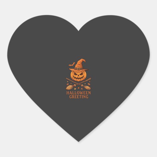 Halloween Greeting Pumpkin Witch Hat Crossed Broom Heart Sticker