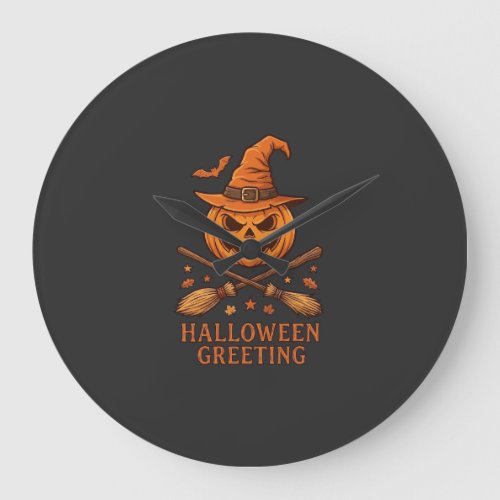 Halloween Greeting Pumpkin Witch Hat Crossed Broom Large Clock