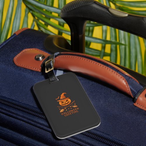 Halloween Greeting Pumpkin Witch Hat Crossed Broom Luggage Tag