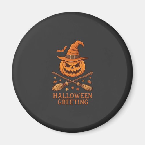 Halloween Greeting Pumpkin Witch Hat Crossed Broom Magnet