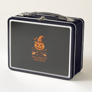 Halloween Greeting Pumpkin Witch Hat Crossed Broom Metal Lunch Box