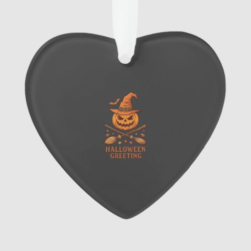 Halloween Greeting Pumpkin Witch Hat Crossed Broom Ornament