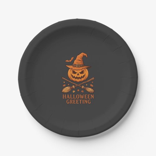Halloween Greeting Pumpkin Witch Hat Crossed Broom Paper Plates