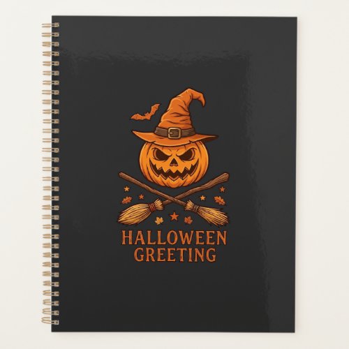Halloween Greeting Pumpkin Witch Hat Crossed Broom Planner