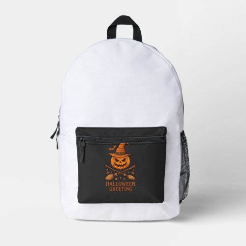 Halloween Greeting Pumpkin Witch Hat Crossed Broom Printed Backpack