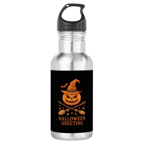 Halloween Greeting Pumpkin Witch Hat Crossed Broom Stainless Steel Water Bottle