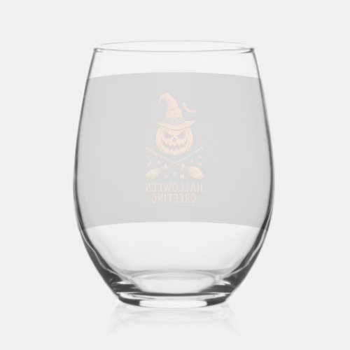 Halloween Greeting Pumpkin Witch Hat Crossed Broom Stemless Wine Glass