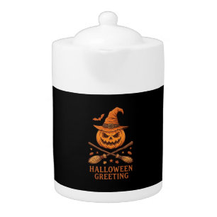 Halloween Greeting Pumpkin Witch Hat Crossed Broom Teapot
