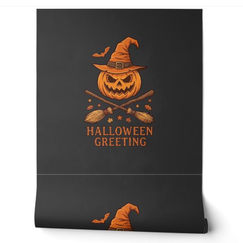Halloween Greeting Pumpkin Witch Hat Crossed Broom Wallpaper