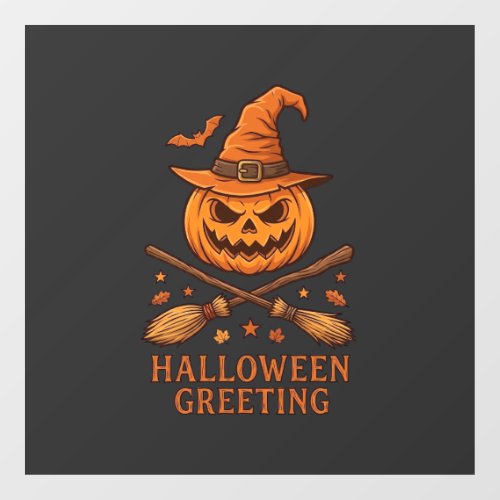 Halloween Greeting Pumpkin Witch Hat Crossed Broom Window Cling