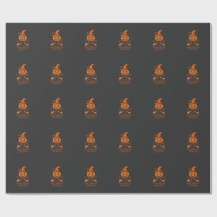 Halloween Greeting Pumpkin Witch Hat Crossed Broom Wrapping Paper