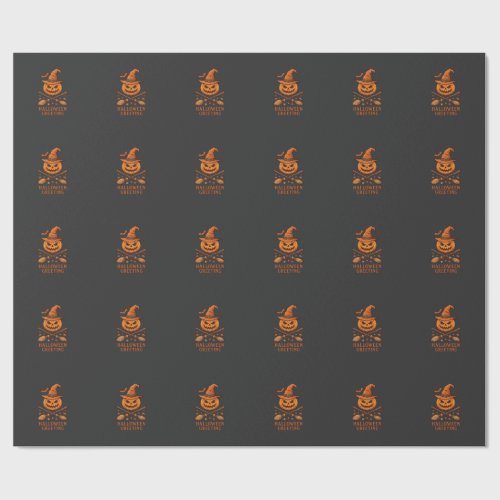 Halloween Greeting Pumpkin Witch Hat Crossed Broom Wrapping Paper