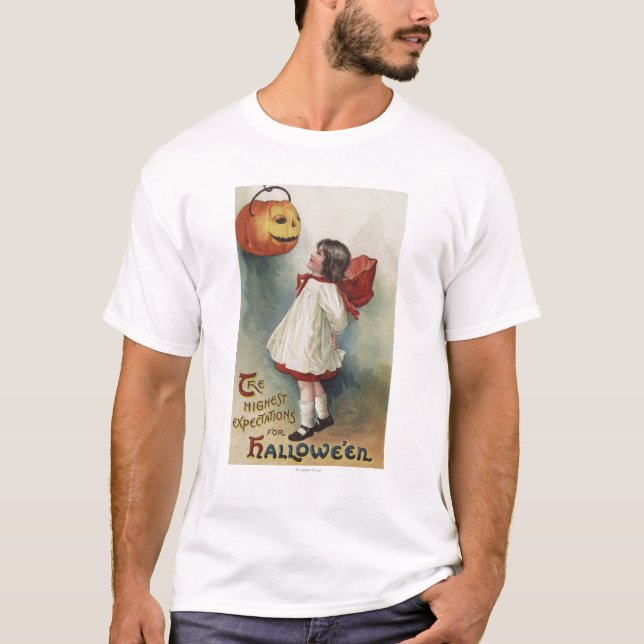 Halloween GreetingGirl in Red and White T-Shirt (Front)