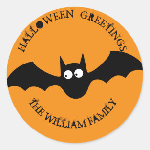 Halloween greetings Bat Personalized family name Classic Round Sticker