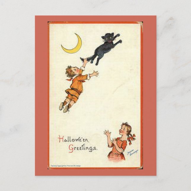 Halloween Greetings Boy Black Cat Tail Vintage Postcard (Front)