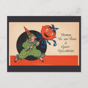 Halloween Greetings Cute Vintage Kid Clown Pumpkin Postcard