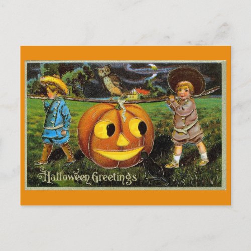 Halloween Greetings Cute Vintage Kids Pumpkin Postcard