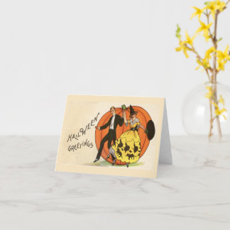 Halloween Greetings Dancing Couple Pumpkin Vintage Card