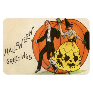 Halloween Greetings Dancing Couple Pumpkin Vintage Magnet