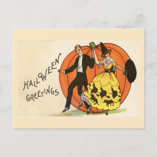 Halloween Greetings Dancing Couple Pumpkin Vintage Postcard