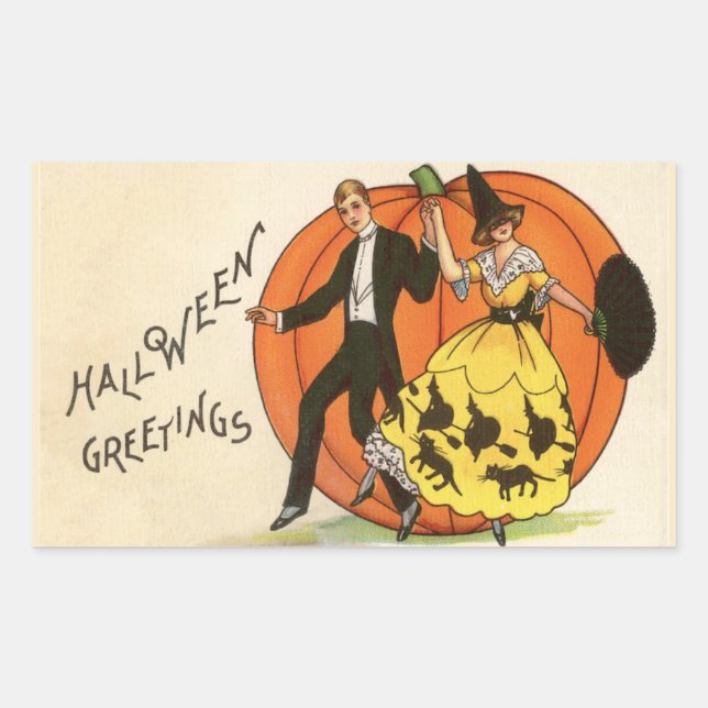 Halloween Greetings Dancing Couple Pumpkin Vintage Rectangular Sticker (Front)