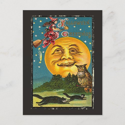 Halloween Greetings Full Moon Owl Witch Vintage Postcard