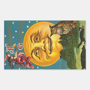 Hallowe'en Greetings Full Moon Owl Witch Vintage Rectangular Sticker