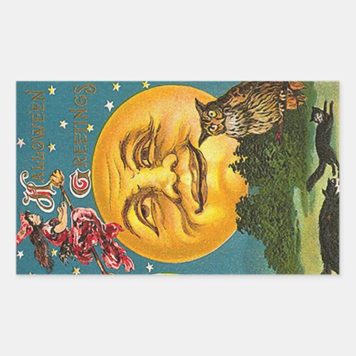 Halloween Greetings Full Moon Owl Witch Vintage Rectangular Sticker