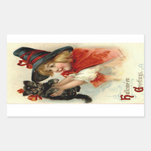 Halloween Greetings Girl with Black Cat Vintage Rectangular Sticker