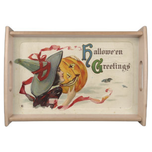 "Halloween Greetings" Kitschy Quirky Vintage Card Serving Tray