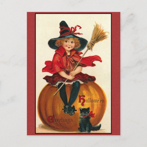 Halloween Greetings Vintage Girl and Cat Postcard