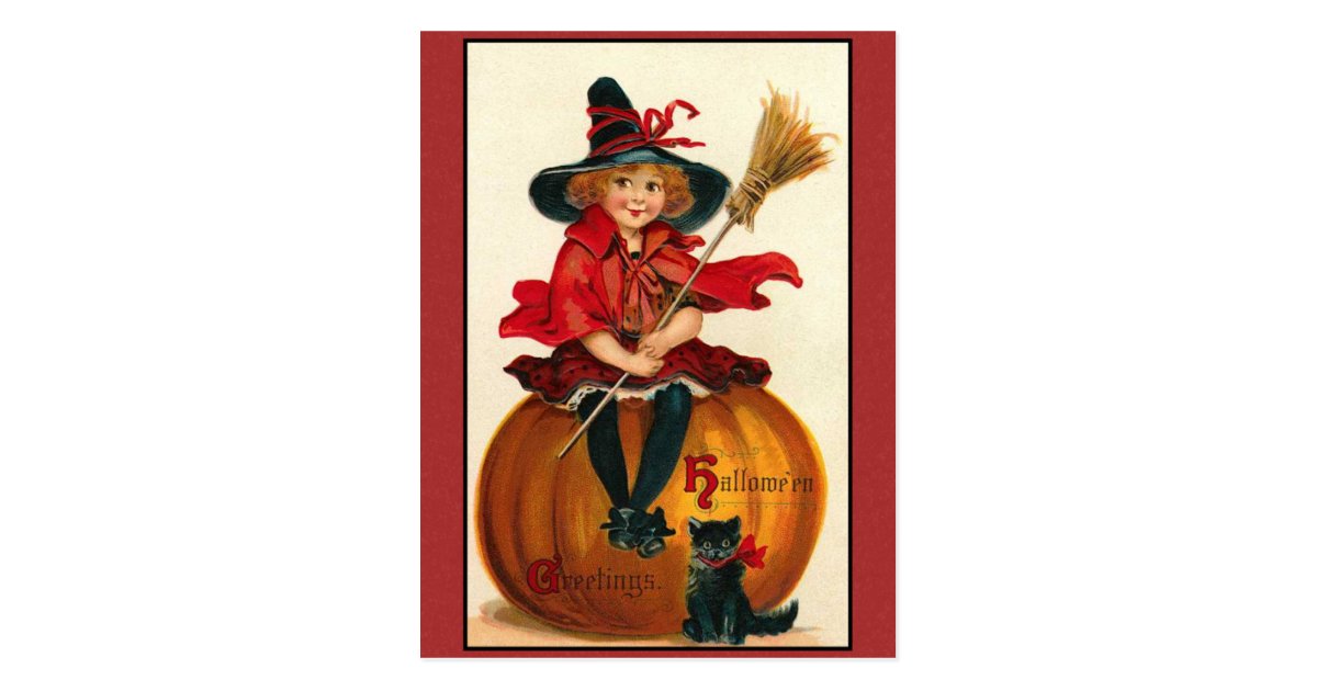 Halloween Greetings Vintage Girl and Cat Postcard | Zazzle.com