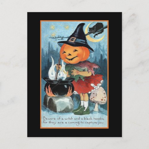 Halloween Greetings Vintage Pumpkin Witch Girl Postcard