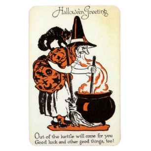 Hallowe'en Greetings Witch and Kettle Vintage Magnet