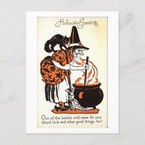 Halloween Greetings Witch and Kettle Vintage Postcard