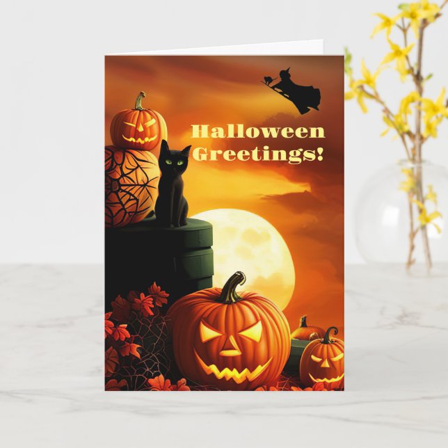 Halloween Greetings with Black Cat Witch  Card (Yellow Flower)