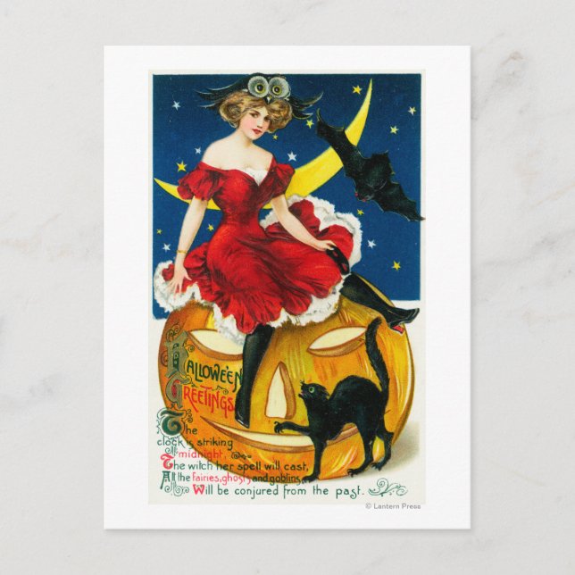 Halloween Greetings Woman on Jack-o-Lantern Postcard (Front)