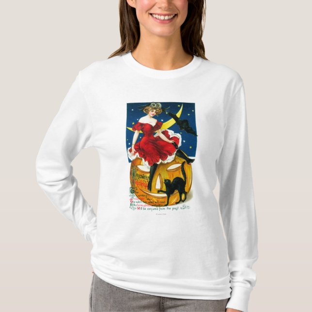 Halloween Greetings Woman on Jack-o-Lantern T-Shirt (Front)