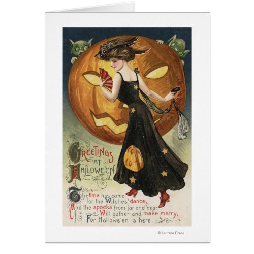 Halloween GreetingWitch Dancing and Pumpkin