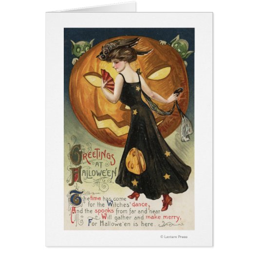 Halloween GreetingWitch Dancing and Pumpkin Cards (Front)