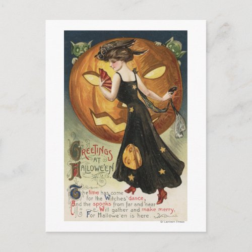 Halloween GreetingWitch Dancing and Pumpkin Postcard