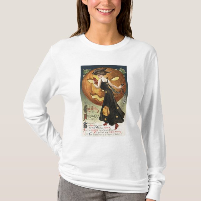 Halloween GreetingWitch Dancing and Pumpkin T-Shirt (Front)