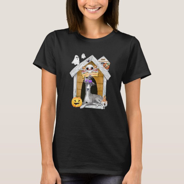 Halloween Greyhound Dog Witch Haunted House T-Shirt (Front)