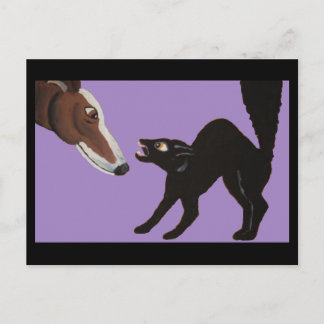 Halloween Greyhound with Angry Black Cat Postcard