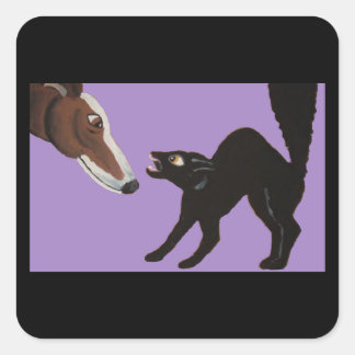 Halloween Greyhound with Angry Black Cat Square Sticker