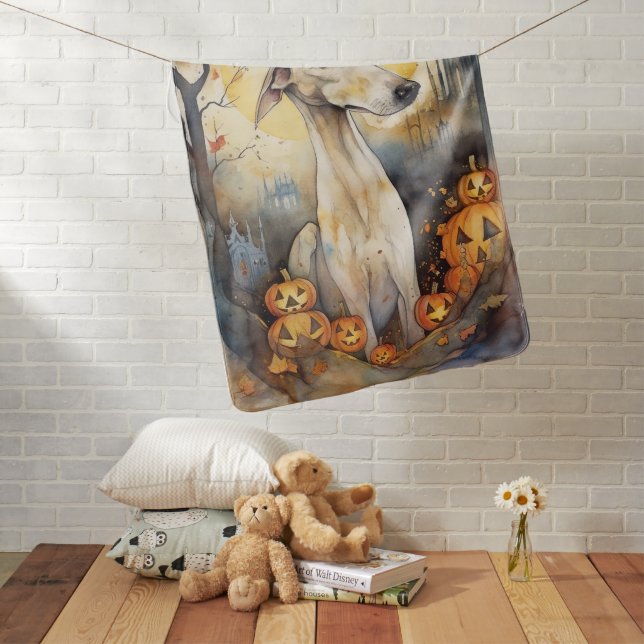 Halloween Greyhound With Pumpkins Scary Baby Blanket (In Situ)